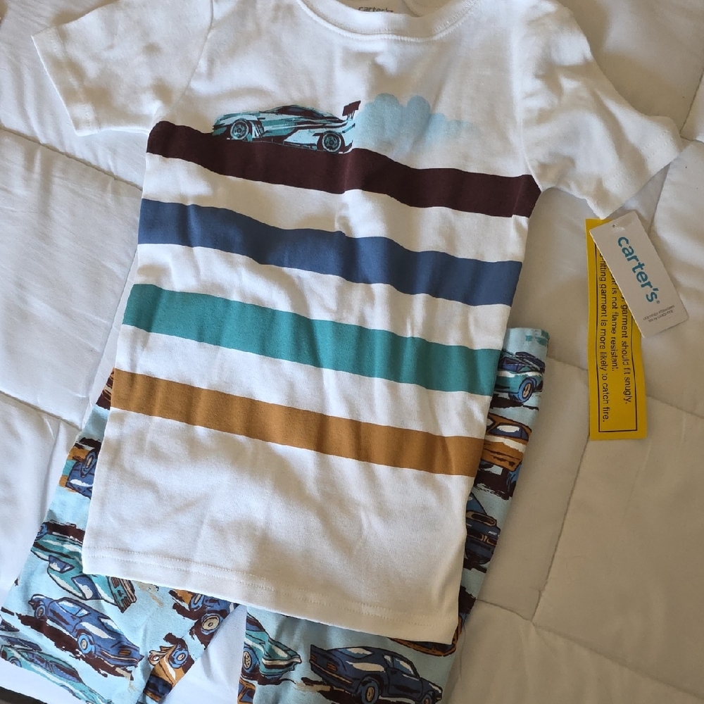 💚5/$20💚Carter's Kids Racing Car Striped PJ set - White, Teal, Brown